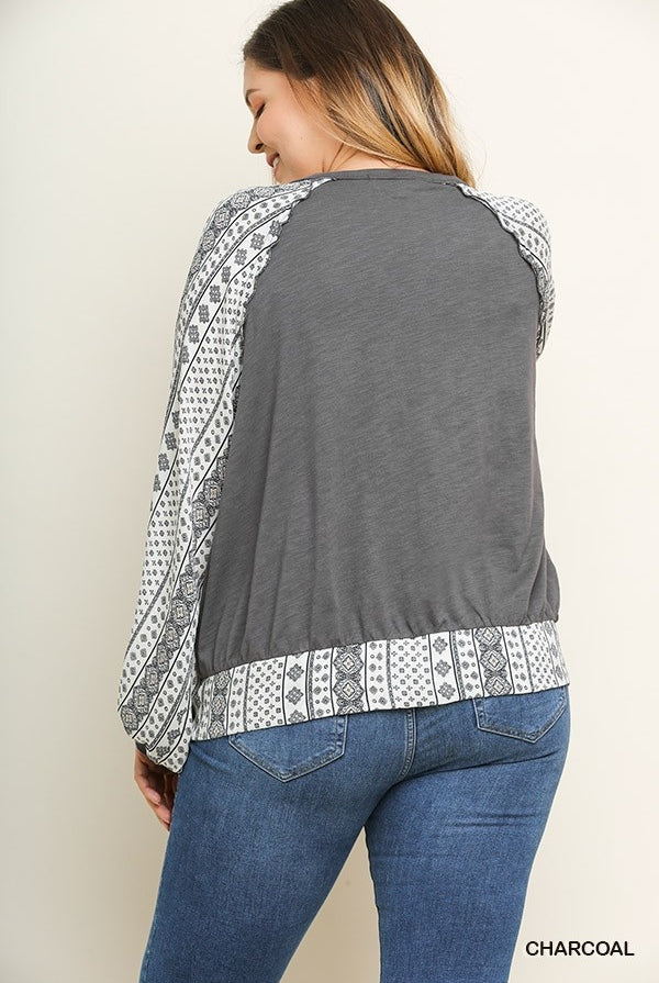 Umgee Charcoal Surplice Printed Puff Sleeves Plus Top-Curvy/Plus Tops-Umgee-Deja Nu Boutique, Women's Fashion Boutique in Lampasas, Texas