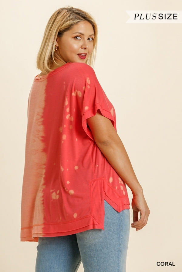 Umgee Coral Contrast Short Sleeve Top - Plus-Curvy/Plus Tops-Umgee-Deja Nu Boutique, Women's Fashion Boutique in Lampasas, Texas