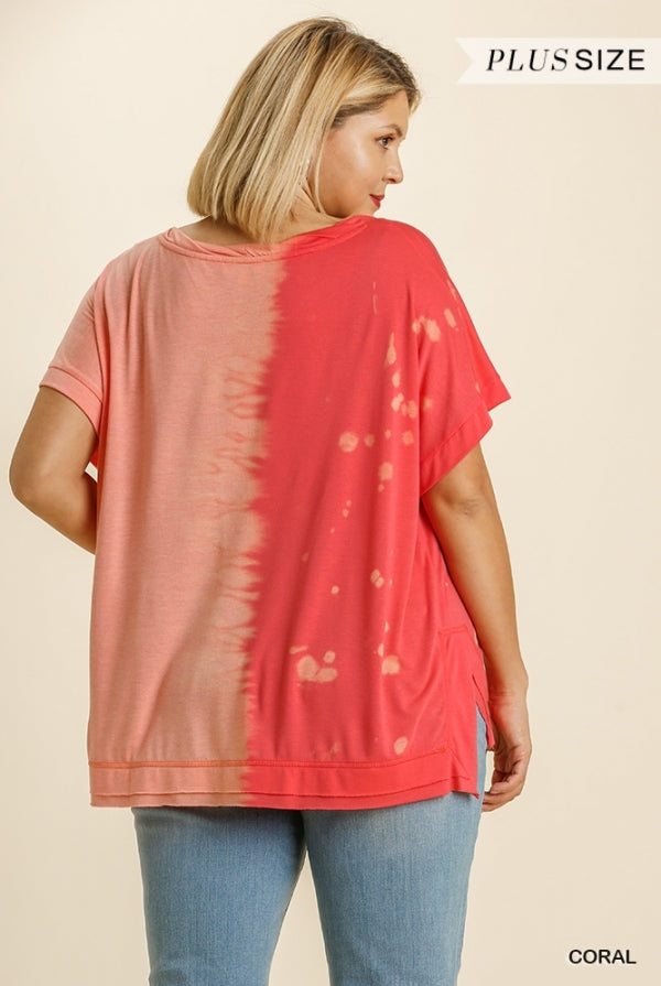 Umgee Coral Contrast Short Sleeve Top - Plus-Curvy/Plus Tops-Umgee-Deja Nu Boutique, Women's Fashion Boutique in Lampasas, Texas