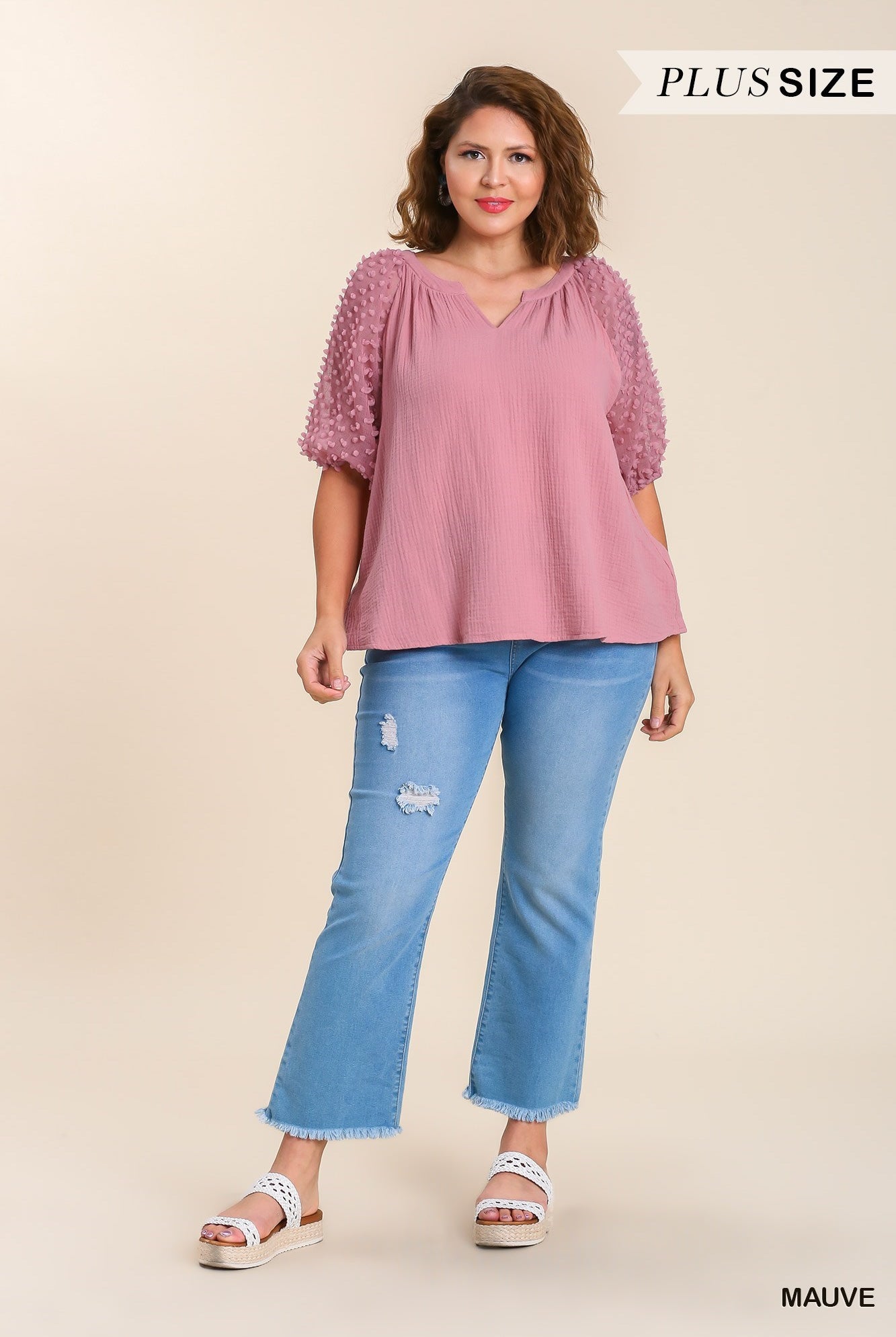 Umgee Floral Applique Detail Cuffed Puff Sleeve In Mauve Plus-Curvy/Plus Blouses-Umgee-Deja Nu Boutique, Women's Fashion Boutique in Lampasas, Texas