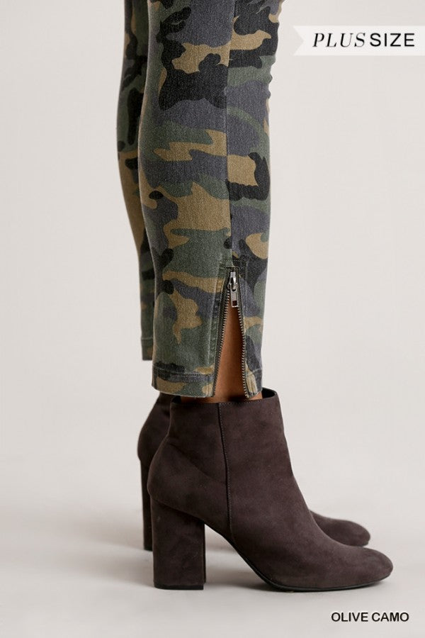 Umgee Green Camo Slim Leg Plus Pants With Zipper Detail-Curvy/Plus Pants-Umgee-Deja Nu Boutique, Women's Fashion Boutique in Lampasas, Texas