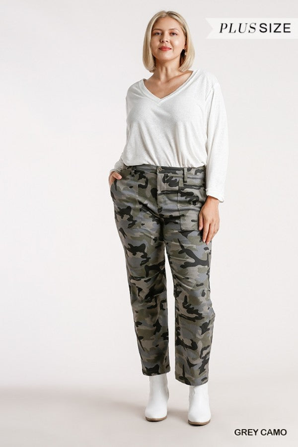 Umgee Grey Camouflage Straight Leg Plus Pant-Curvy/Plus Pants-Umgee-Deja Nu Boutique, Women's Fashion Boutique in Lampasas, Texas