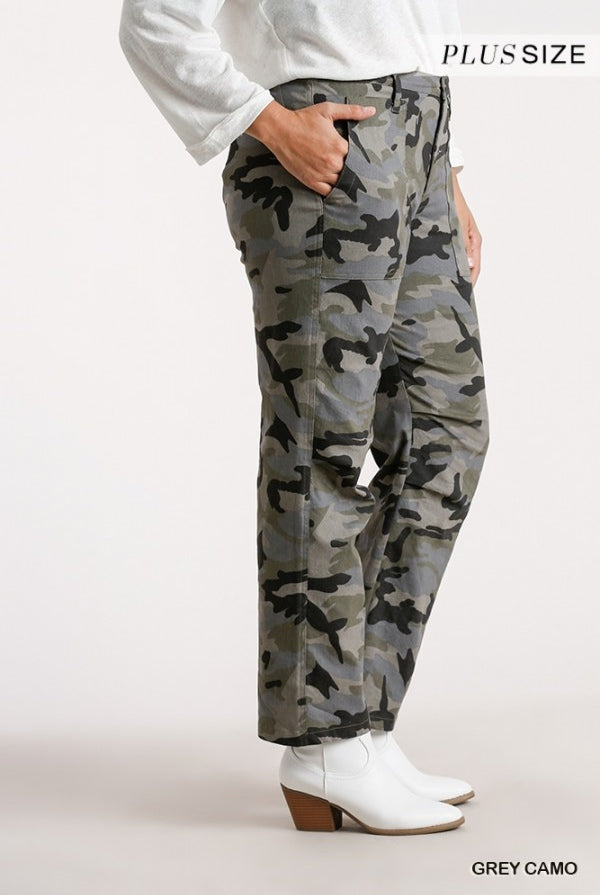 Umgee Grey Camouflage Straight Leg Plus Pant-Curvy/Plus Pants-Umgee-Deja Nu Boutique, Women's Fashion Boutique in Lampasas, Texas
