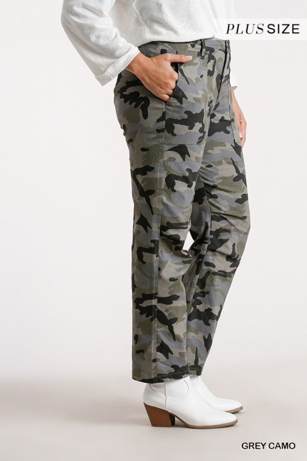 Umgee Grey Camouflage Straight Leg Plus Pant-Curvy/Plus Pants-Umgee-Deja Nu Boutique, Women's Fashion Boutique in Lampasas, Texas