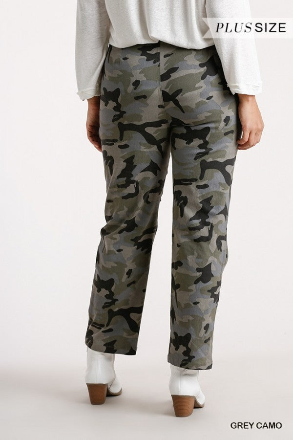 Umgee Grey Camouflage Straight Leg Plus Pant-Curvy/Plus Pants-Umgee-Deja Nu Boutique, Women's Fashion Boutique in Lampasas, Texas