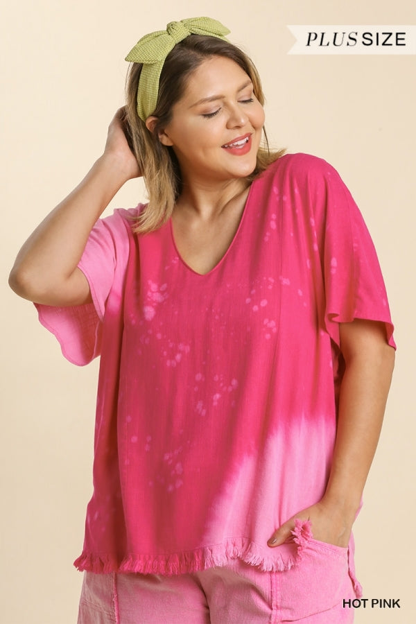 Umgee Linen Blend Bleach Dip Dye V-Neck Top With Fringe Hems Plus-Curvy/Plus Tops-Umgee-Deja Nu Boutique, Women's Fashion Boutique in Lampasas, Texas