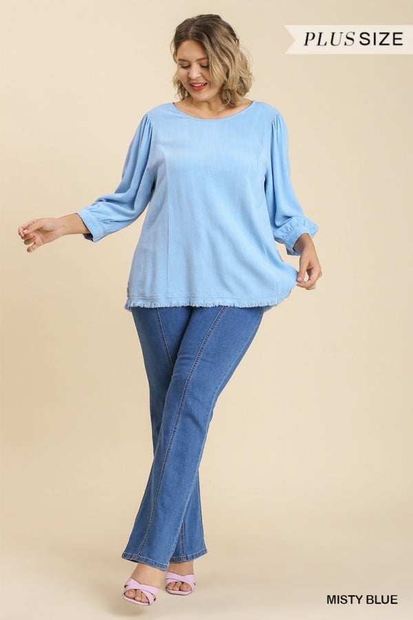 Umgee Misty Blue Linen Blend Animal Print Cut Out Back Top With Frayed Ruffle Hem Plus-Curvy/Plus Tops-Umgee-Deja Nu Boutique, Women's Fashion Boutique in Lampasas, Texas