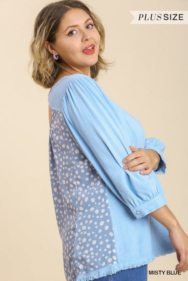 Umgee Misty Blue Linen Blend Animal Print Cut Out Back Top With Frayed Ruffle Hem Plus-Curvy/Plus Tops-Umgee-Deja Nu Boutique, Women's Fashion Boutique in Lampasas, Texas