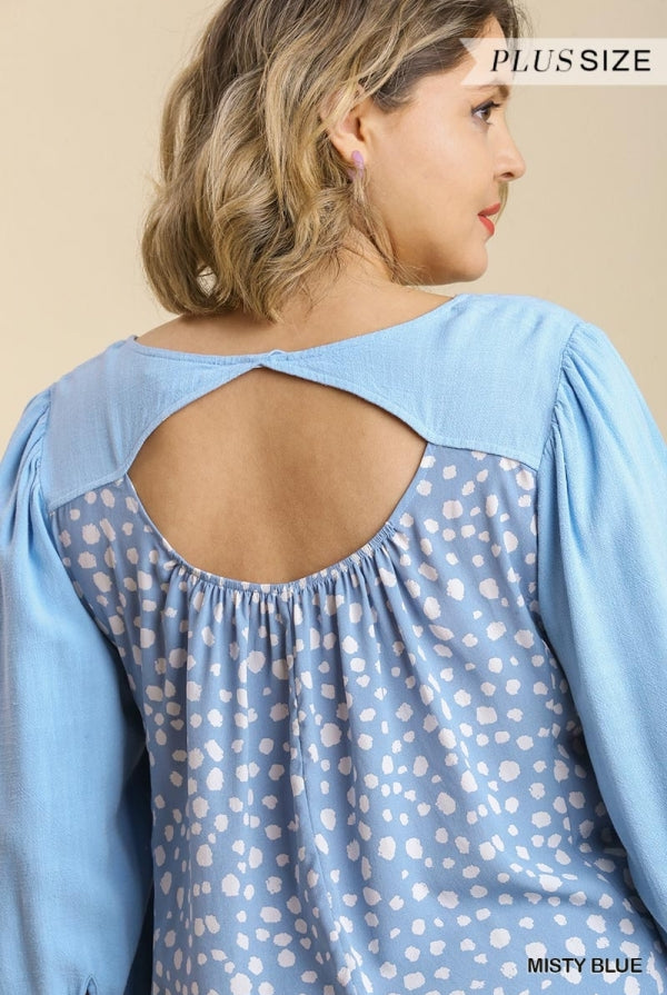 Umgee Misty Blue Linen Blend Animal Print Cut Out Back Top With Frayed Ruffle Hem Plus-Curvy/Plus Tops-Umgee-Deja Nu Boutique, Women's Fashion Boutique in Lampasas, Texas