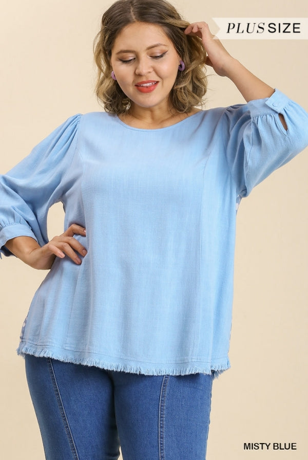Umgee Misty Blue Linen Blend Animal Print Cut Out Back Top With Frayed Ruffle Hem Plus-Curvy/Plus Tops-Umgee-Deja Nu Boutique, Women's Fashion Boutique in Lampasas, Texas
