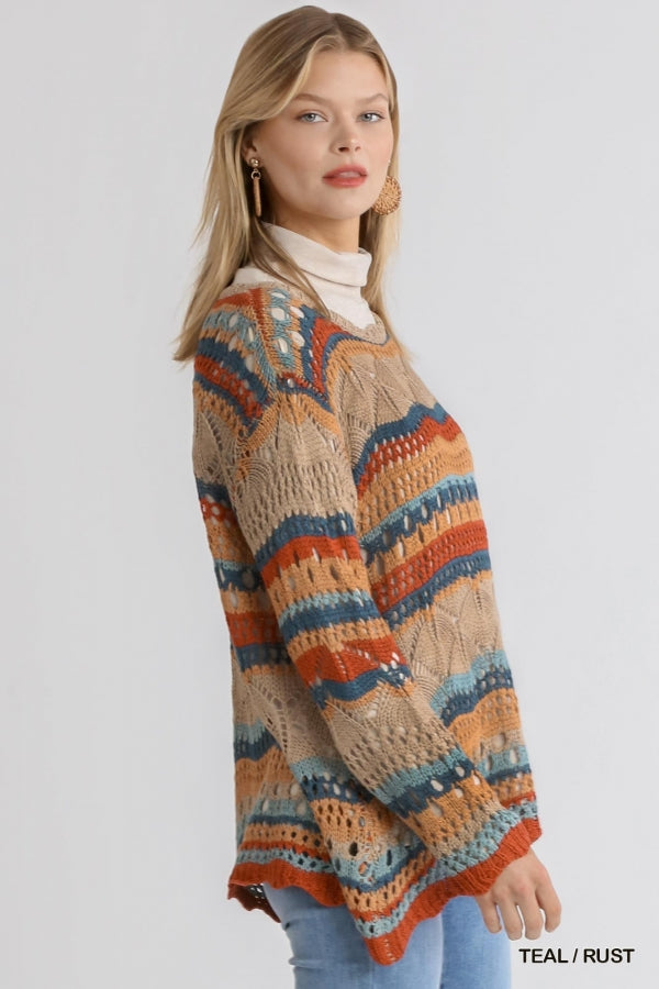 Umgee Multicolor Crochet Stripe Pullover Sweater With Scalloped Hem-Sweaters-Umgee-Deja Nu Boutique, Women's Fashion Boutique in Lampasas, Texas