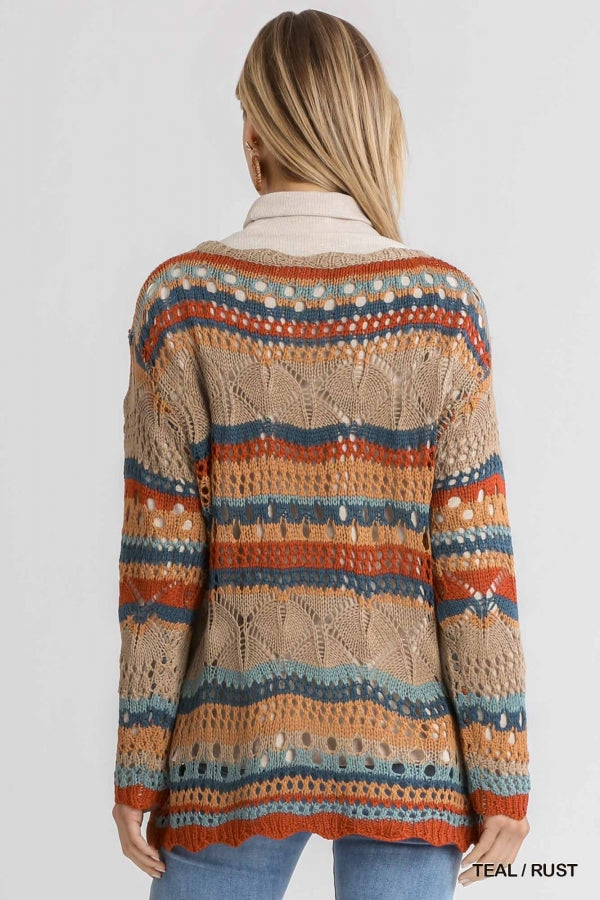 Umgee Multicolor Crochet Stripe Pullover Sweater With Scalloped Hem-Sweaters-Umgee-Deja Nu Boutique, Women's Fashion Boutique in Lampasas, Texas