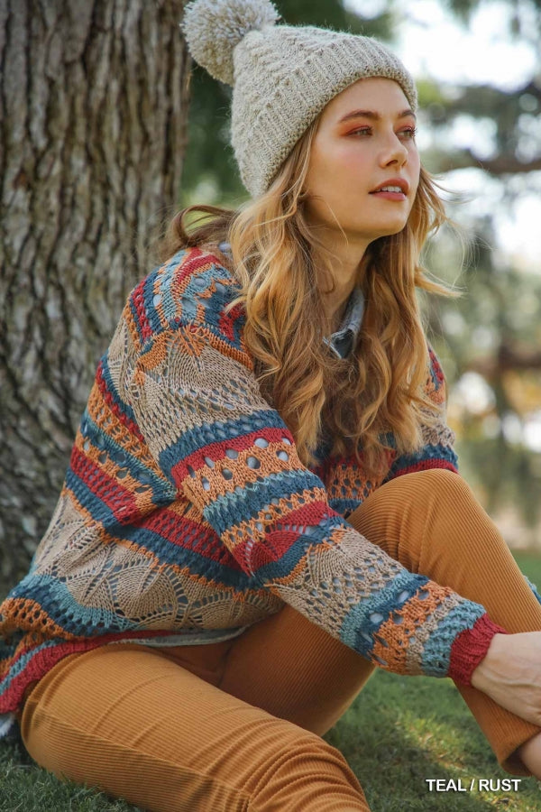 Umgee Multicolor Crochet Stripe Pullover Sweater With Scalloped Hem-Sweaters-Umgee-Deja Nu Boutique, Women's Fashion Boutique in Lampasas, Texas