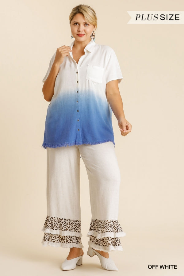 Umgee Off White And Blue Dip Dyed Button Down Plus Shirt-Curvy/Plus Tops-Umgee-Deja Nu Boutique, Women's Fashion Boutique in Lampasas, Texas