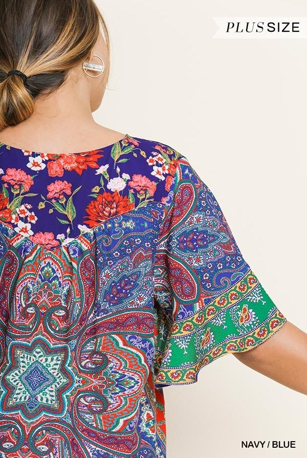 Umgee Paisley Scarf Print Bell Sleeve Plus Blouse-Curvy/Plus Tops-Umgee-Deja Nu Boutique, Women's Fashion Boutique in Lampasas, Texas