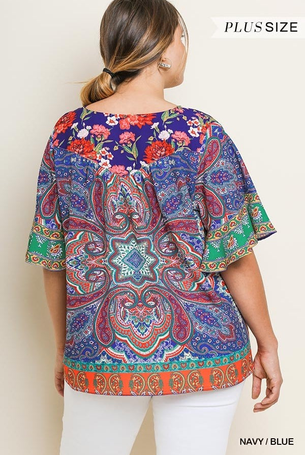 Umgee Paisley Scarf Print Bell Sleeve Plus Blouse-Curvy/Plus Tops-Umgee-Deja Nu Boutique, Women's Fashion Boutique in Lampasas, Texas