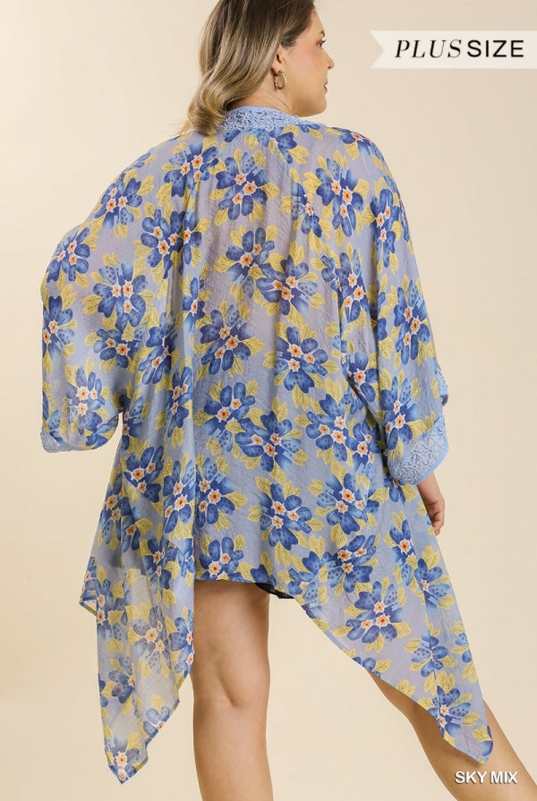 Umgee Sheer Floral Print Open Front Kimono With Crochet Detail In Sky Mix Plus-Curvy/Plus Cardigans & Kimonos-Umgee-Deja Nu Boutique, Women's Fashion Boutique in Lampasas, Texas
