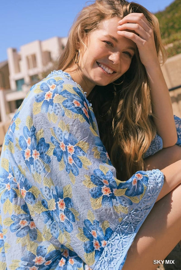 Umgee Sheer Floral Print Open Front Kimono With Crochet Detail In Sky-Cardigans & Kimonos-Umgee-Deja Nu Boutique, Women's Fashion Boutique in Lampasas, Texas