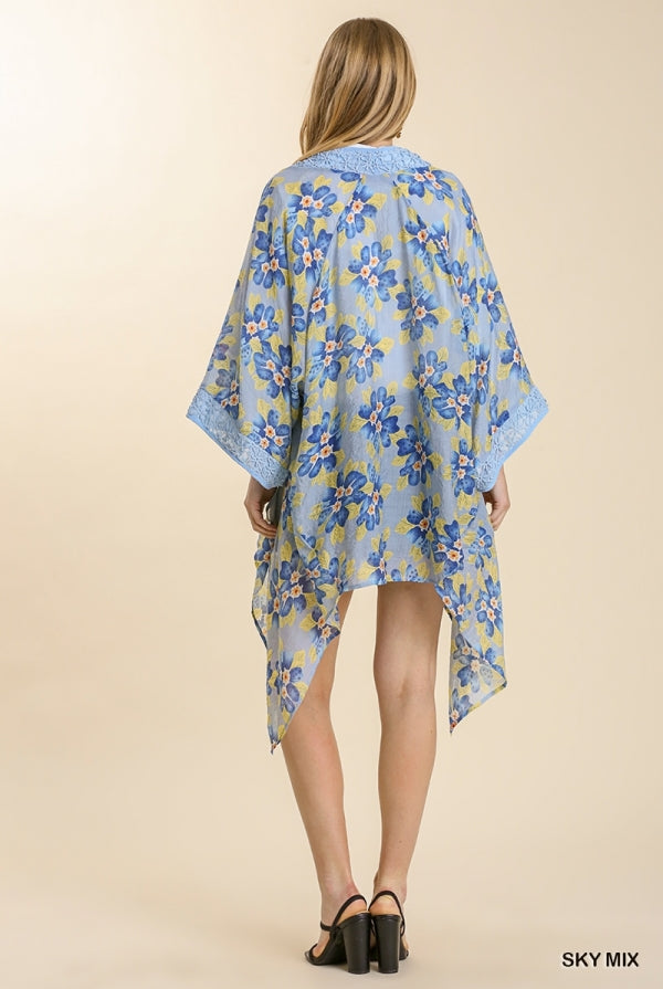 Umgee Sheer Floral Print Open Front Kimono With Crochet Detail In Sky-Cardigans & Kimonos-Umgee-Deja Nu Boutique, Women's Fashion Boutique in Lampasas, Texas