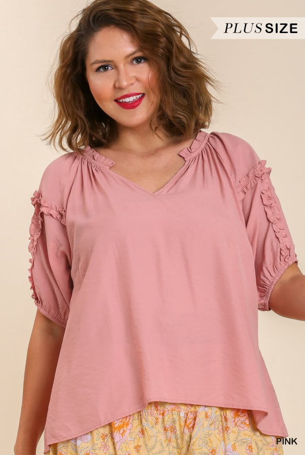 Umgee Split Neck Puff Sleeve Blouse with Double Edge Ruffle Trim In Pink Plus-Curvy/Plus Blouses-Umgee-Deja Nu Boutique, Women's Fashion Boutique in Lampasas, Texas