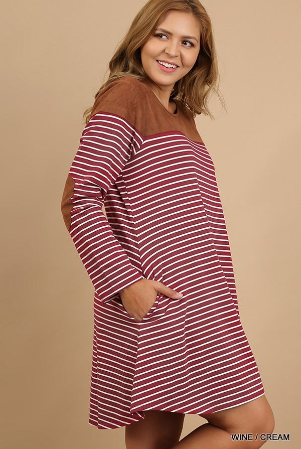 Umgee Wine Stripe Plus Dress With Brown Suede Shoulders And Elbow Patch-Curvy/Plus Dresses-Umgee-Deja Nu Boutique, Women's Fashion Boutique in Lampasas, Texas