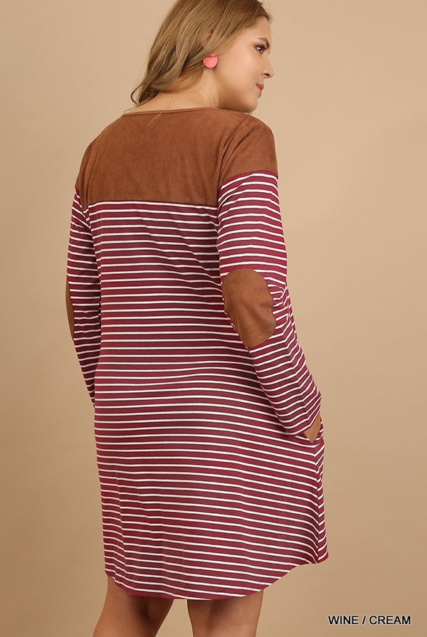 Umgee Wine Stripe Plus Dress With Brown Suede Shoulders And Elbow Patch-Curvy/Plus Dresses-Umgee-Deja Nu Boutique, Women's Fashion Boutique in Lampasas, Texas