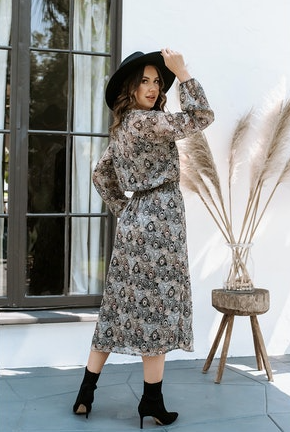 Veronica M Catia Peacock Feather Print Chiffon Smocked Midi Dress-Midi Dresses-Veronica M-Deja Nu Boutique, Women's Fashion Boutique in Lampasas, Texas