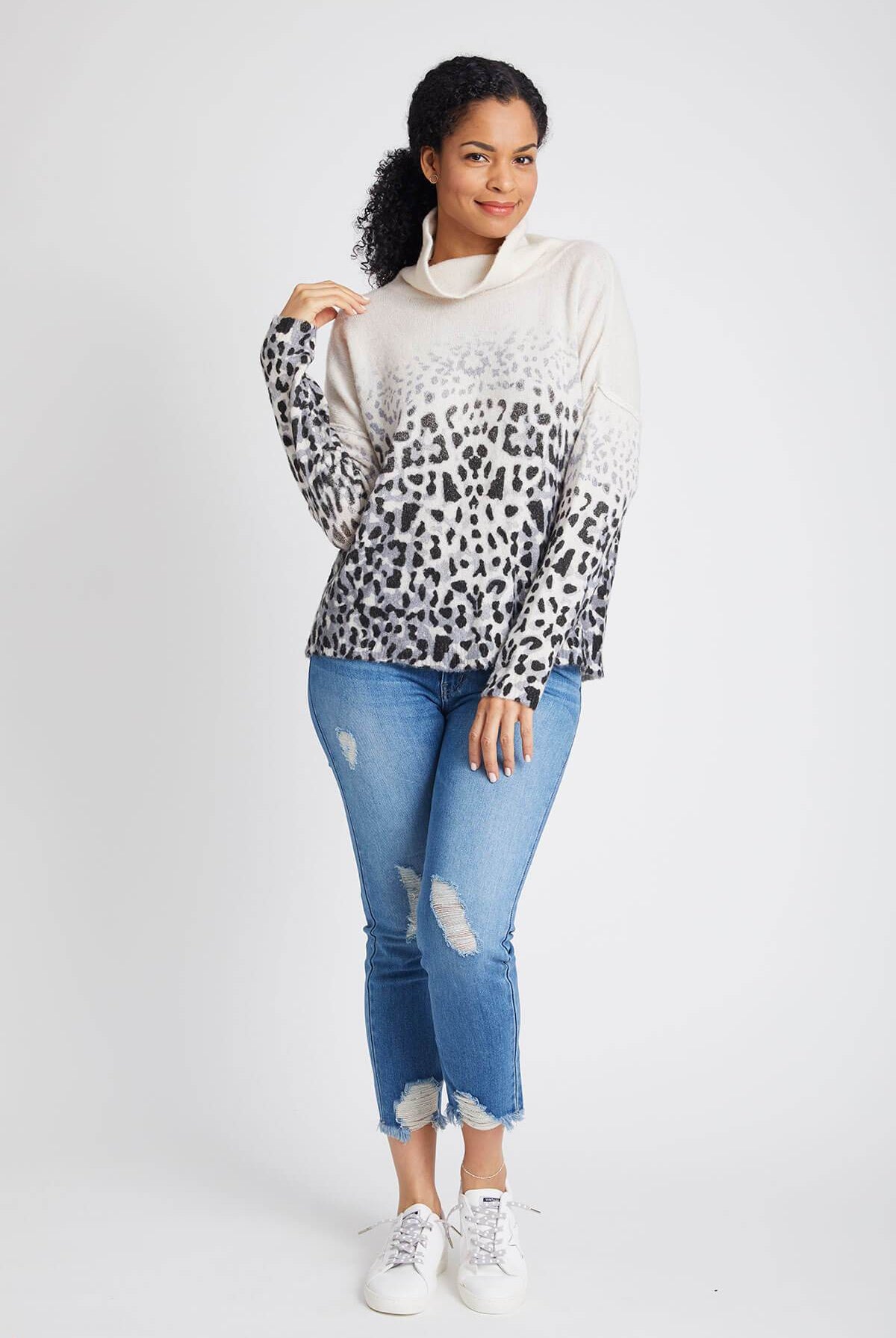 Vintage Havana Faded Leopard Cowl Neck Sweater-Sweaters-Vintage Havana-Deja Nu Boutique, Women's Fashion Boutique in Lampasas, Texas
