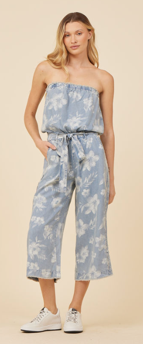 Vintage Havana Washed Tropical Denim Blue Tencel Jumper-Rompers & Jumpsuits-Vintage Havana-Deja Nu Boutique, Women's Fashion Boutique in Lampasas, Texas