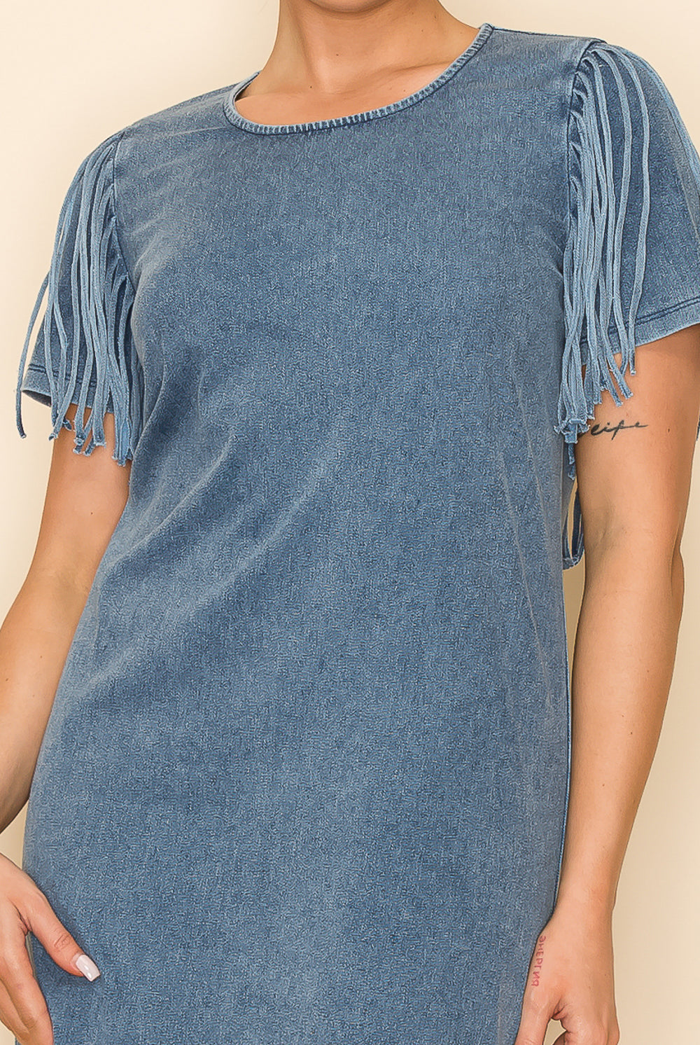 W.A.Y Wonderful And Young Light Denim Sheath Dress With Denim Fringe-Short Dresses-WAY-Deja Nu Boutique, Women's Fashion Boutique in Lampasas, Texas