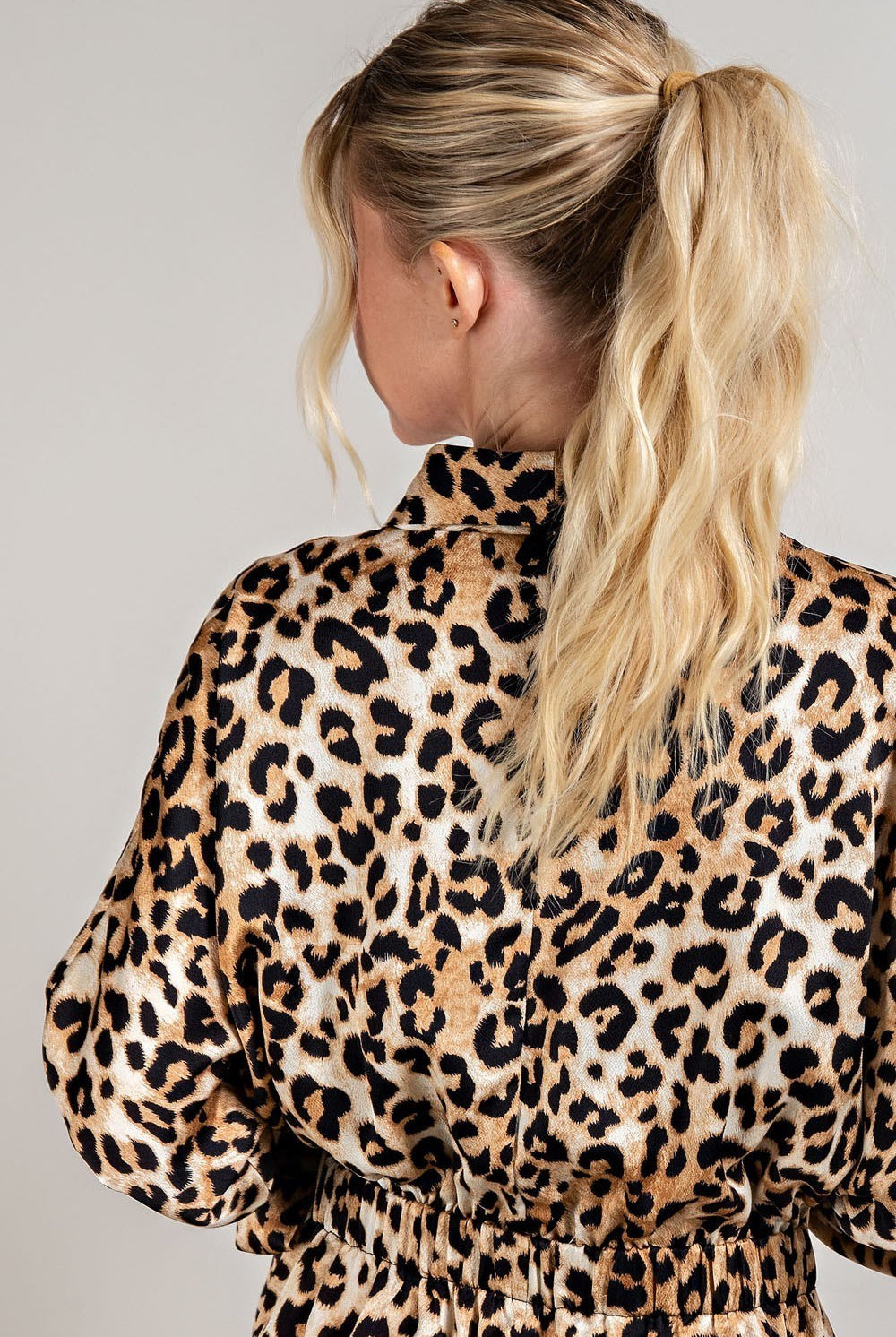 ee:some Long Sleeve Wrap Romper In Leopard Print Satin-Rompers & Jumpsuits-ee:some-Deja Nu Boutique, Women's Fashion Boutique in Lampasas, Texas