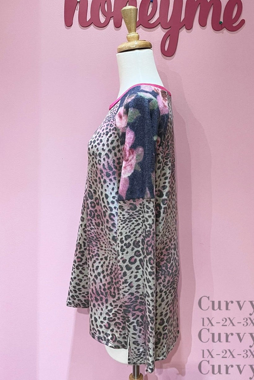 honeyme Leopard Bodice And Floral Sleeve Plus Top-Curvy/Plus Tops-honeyme-Deja Nu Boutique, Women's Fashion Boutique in Lampasas, Texas