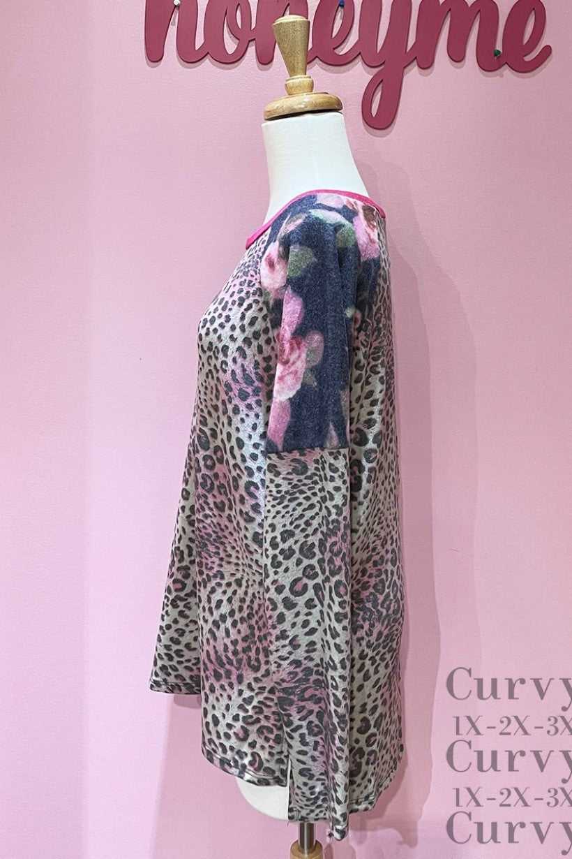 honeyme Leopard Bodice And Floral Sleeve Plus Top-Curvy/Plus Tops-honeyme-Deja Nu Boutique, Women's Fashion Boutique in Lampasas, Texas