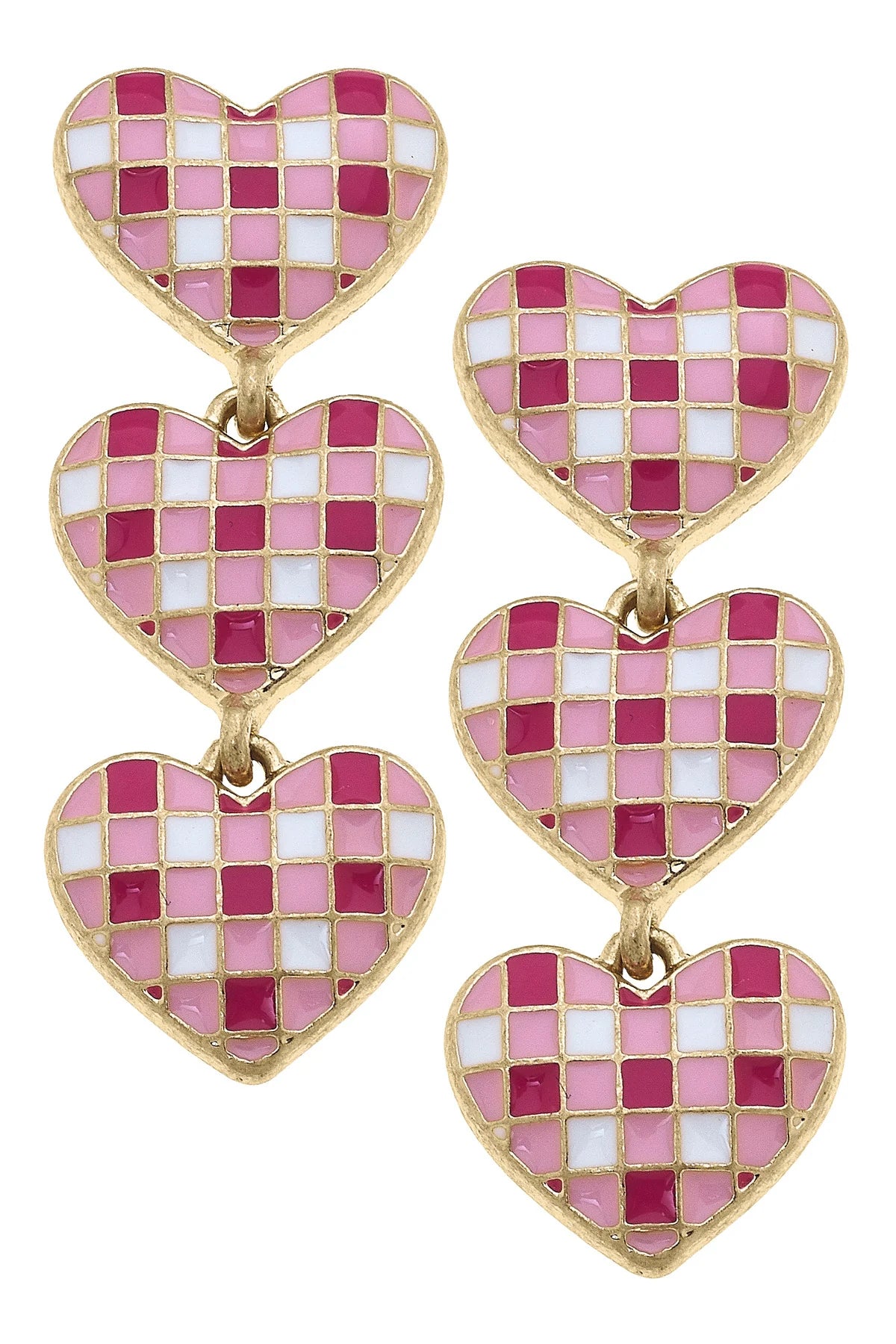 Canvas Style Livy Triple Drop Gingham Heart Earrings-Earrings-Canvas Style-Deja Nu Boutique, Women's Fashion Boutique in Lampasas, Texas