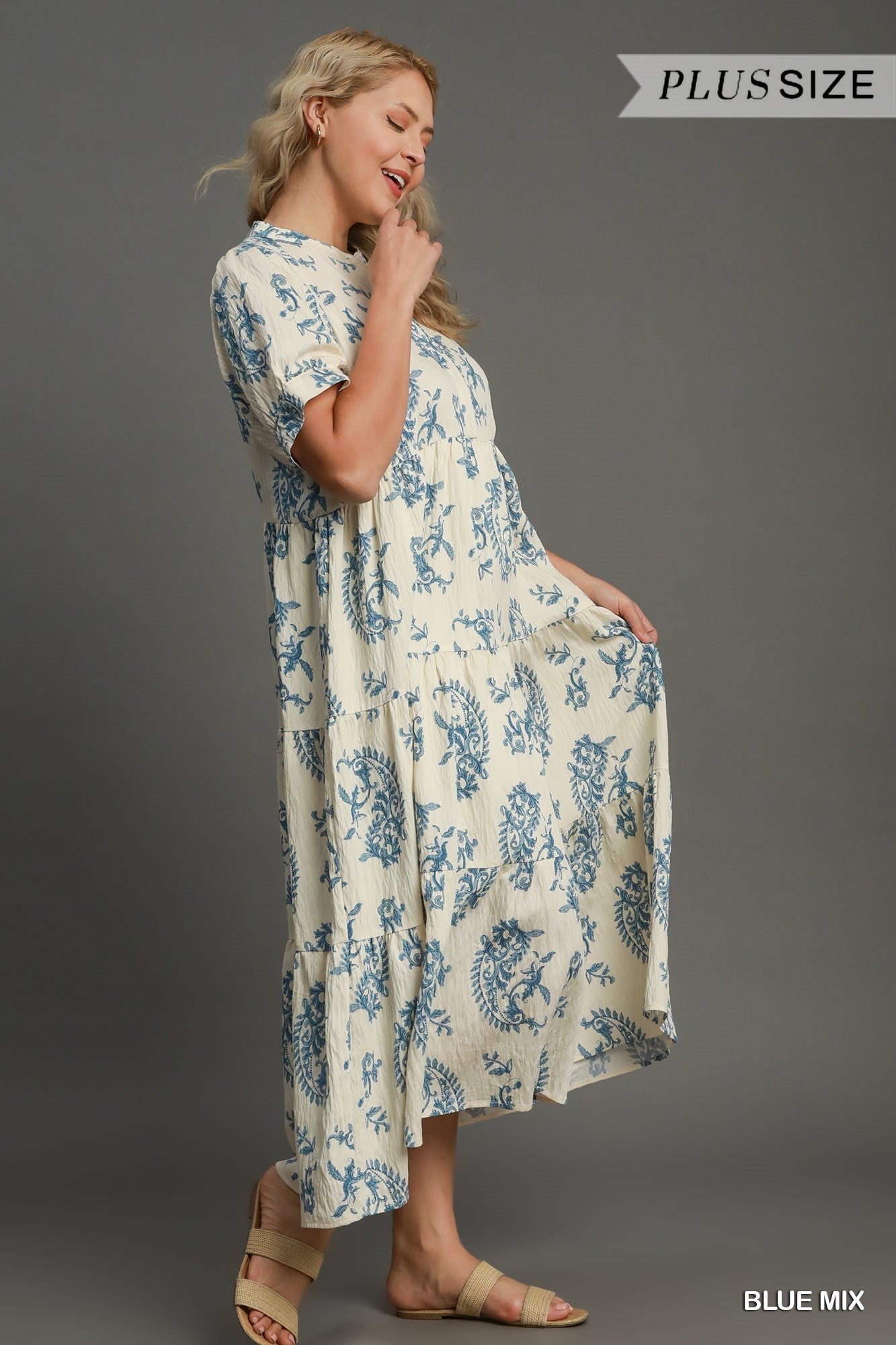 Umgee Tiered Textured Midi Dress Blue Mix Plus-Curvy/Plus Maxi Dresses-Umgee-Deja Nu Boutique, Women's Fashion Boutique in Lampasas, Texas