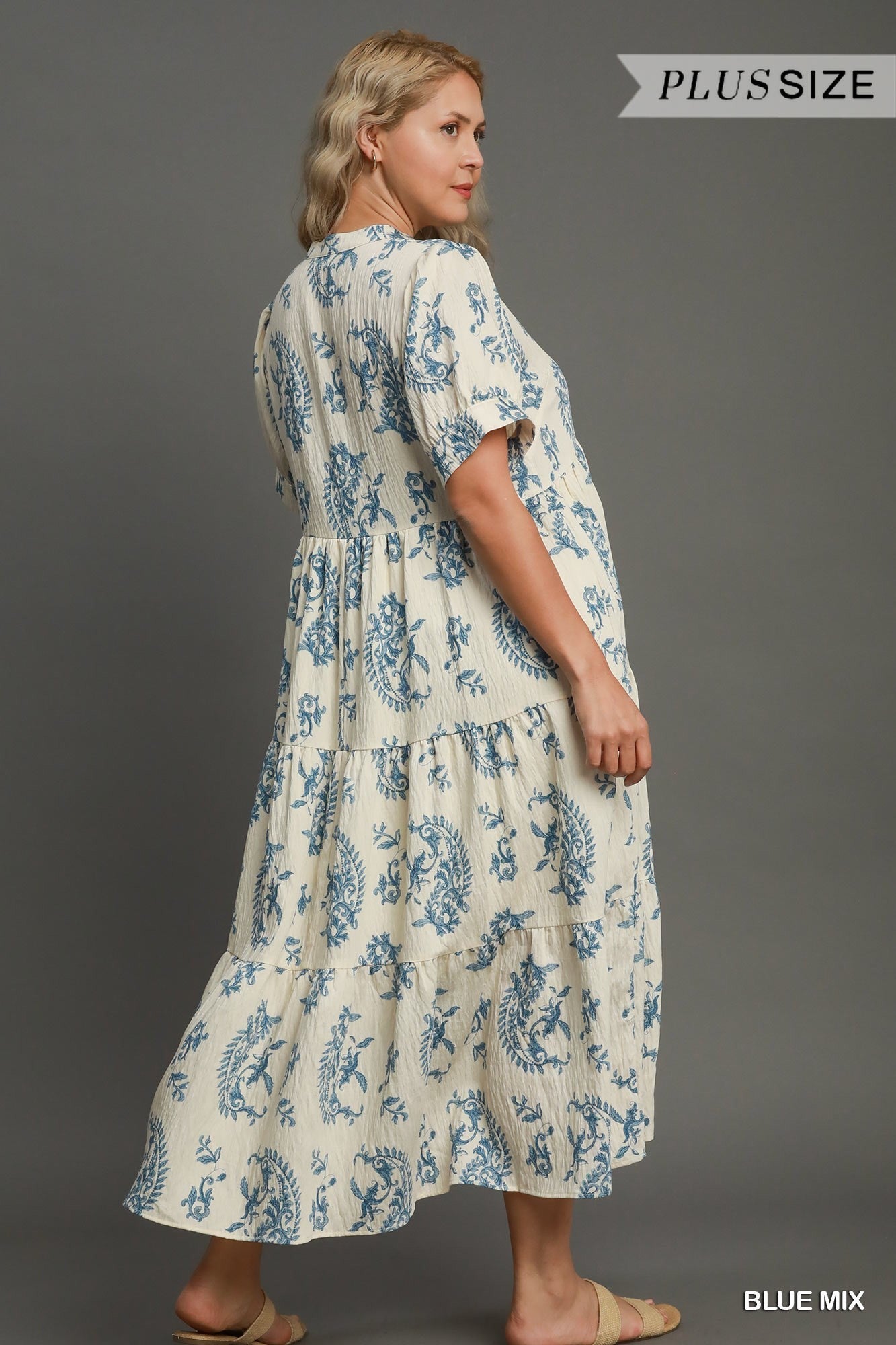 Umgee Tiered Textured Midi Dress Blue Mix Plus-Curvy/Plus Maxi Dresses-Umgee-Deja Nu Boutique, Women's Fashion Boutique in Lampasas, Texas