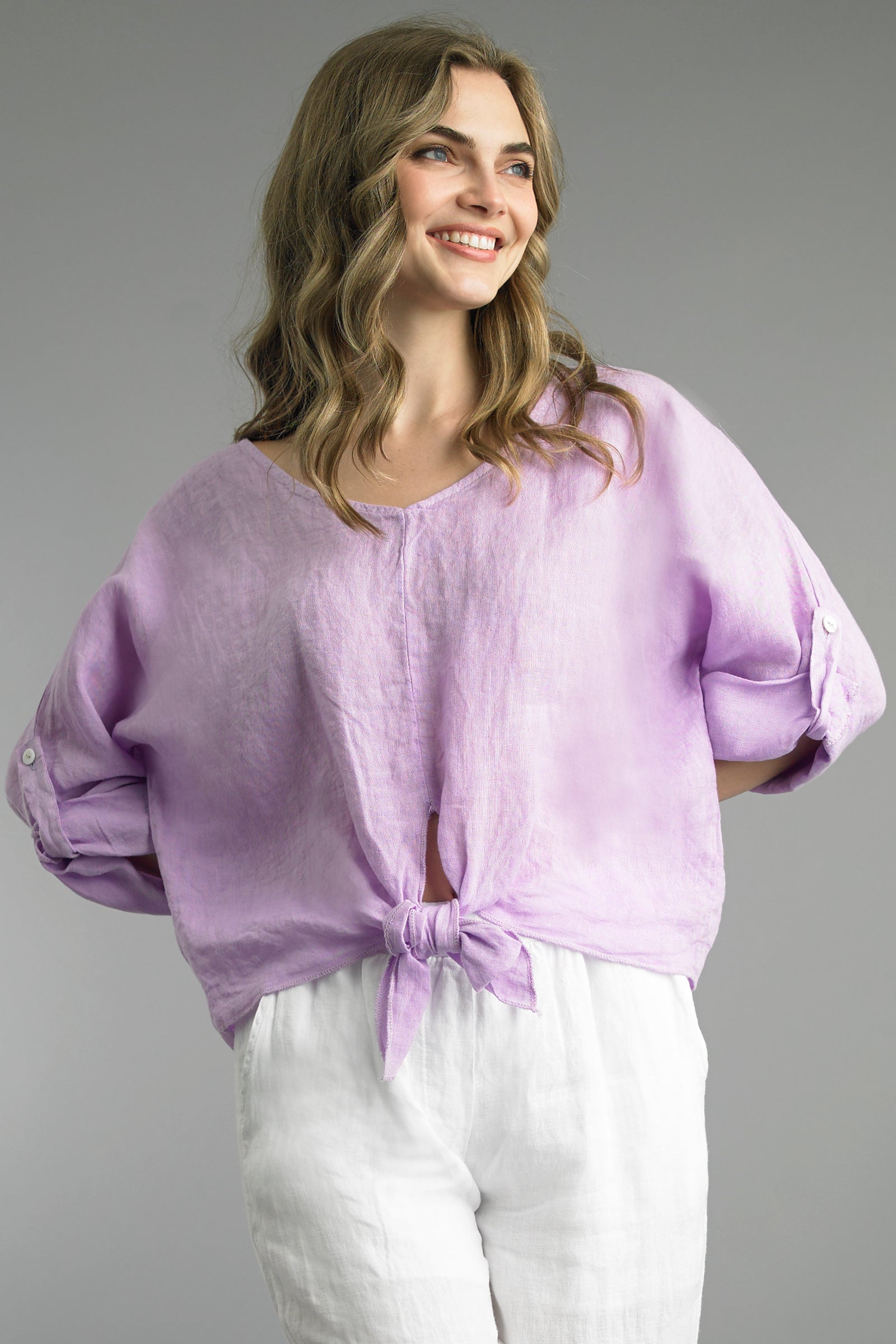 Tempo Paris Lavender Linen Tie Front Top-shirts-Tempo Paris-Deja Nu Boutique, Women's Fashion Boutique in Lampasas, Texas
