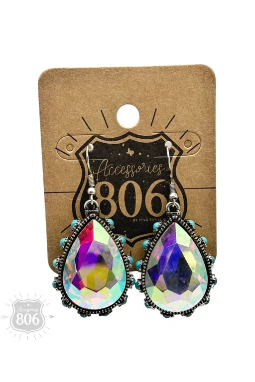 806 By Pink Panache AB Rhinestone Teardrop And Turquoise Stones Earring-Earrings-806 By Pink Panache-Deja Nu Boutique, Women's Fashion Boutique in Lampasas, Texas