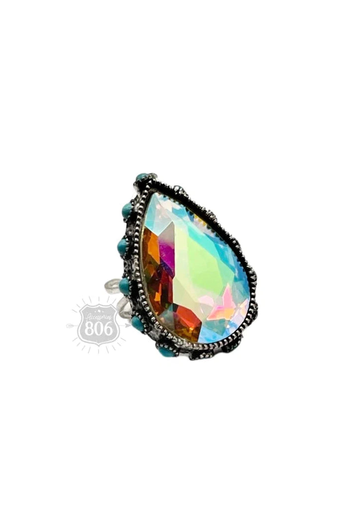 806 By Pink Panache AB Turquoise Teardrop Rhinestone Silver Adjustable Ring-Rings-806 By Pink Panache-Deja Nu Boutique, Women's Fashion Boutique in Lampasas, Texas