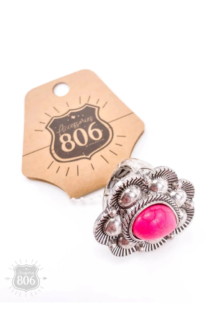 806 By Pink Panache Etched Silver Scalloped Oval With Hot Pink Teardrop Stone Stretch Ring-Rings-Pink Panache-Deja Nu Boutique, Women's Fashion Boutique in Lampasas, Texas