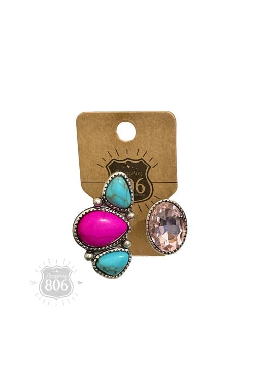 806 By Pink Panache Hot Pink Turquoise Stones With Pink Rhinestone Ring-Rings-806 By Pink Panache-Deja Nu Boutique, Women's Fashion Boutique in Lampasas, Texas