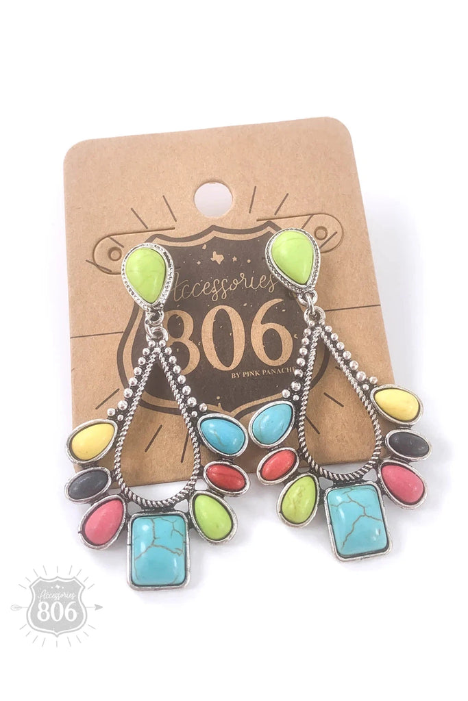 806 Multi Colored Decorative Stone Teardrop Earring-Earrings-806 By Pink Panache-Deja Nu Boutique, Women's Fashion Boutique in Lampasas, Texas