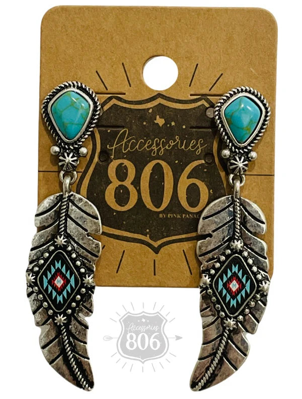 806 By Pink Panache Silver Feather On Stone Post Earring-Earrings-806 By Pink Panache-Deja Nu Boutique, Women's Fashion Boutique in Lampasas, Texas
