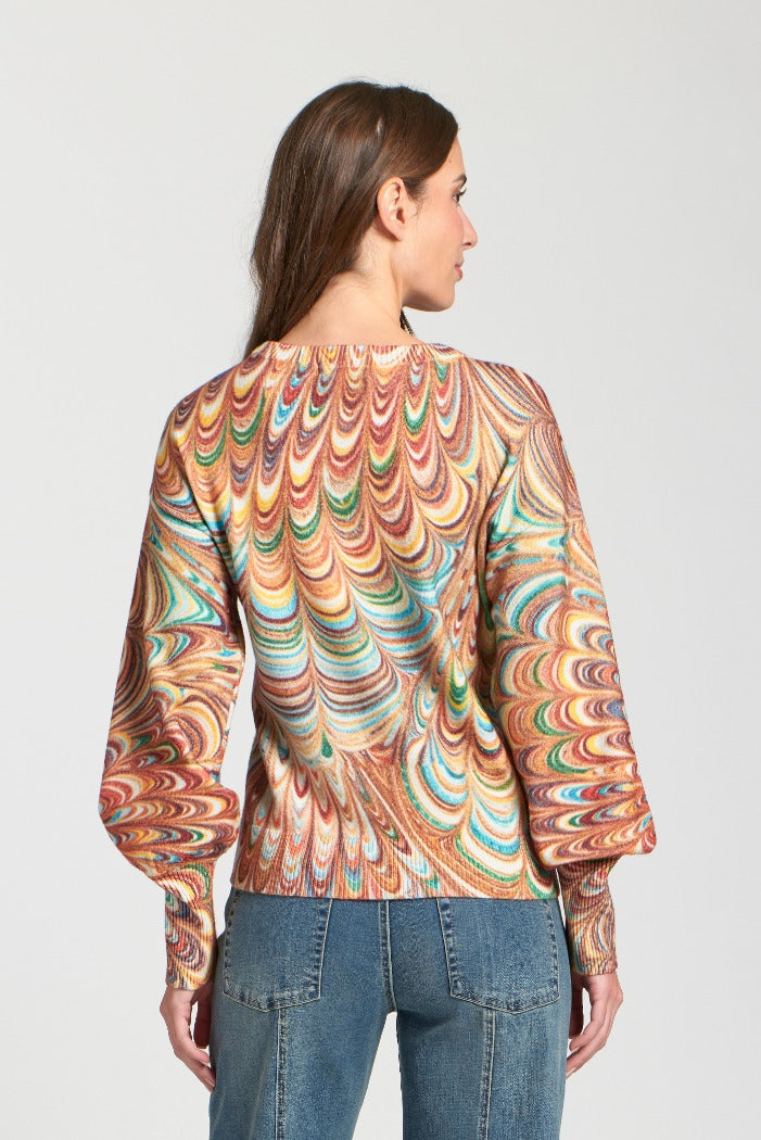 APNY Abstract Marble Printed Puff Sleeve Pullover in Apricot Multi-Tops-APNY-Deja Nu Boutique, Women's Fashion Boutique in Lampasas, Texas