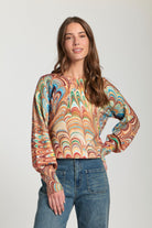 APNY Abstract Marble Printed Puff Sleeve Pullover in Apricot Multi-Tops-APNY-Deja Nu Boutique, Women's Fashion Boutique in Lampasas, Texas