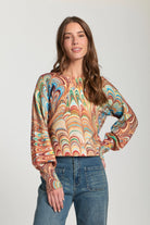 APNY Abstract Marble Printed Puff Sleeve Pullover in Apricot Multi-Tops-APNY-Deja Nu Boutique, Women's Fashion Boutique in Lampasas, Texas