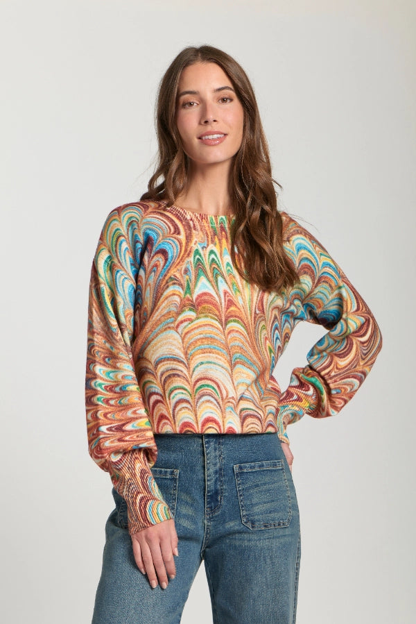 APNY Abstract Marble Printed Puff Sleeve Pullover in Apricot Multi-Tops-APNY-Deja Nu Boutique, Women's Fashion Boutique in Lampasas, Texas