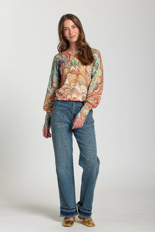 APNY Abstract Marble Printed Puff Sleeve Pullover in Apricot Multi-Tops-APNY-Deja Nu Boutique, Women's Fashion Boutique in Lampasas, Texas