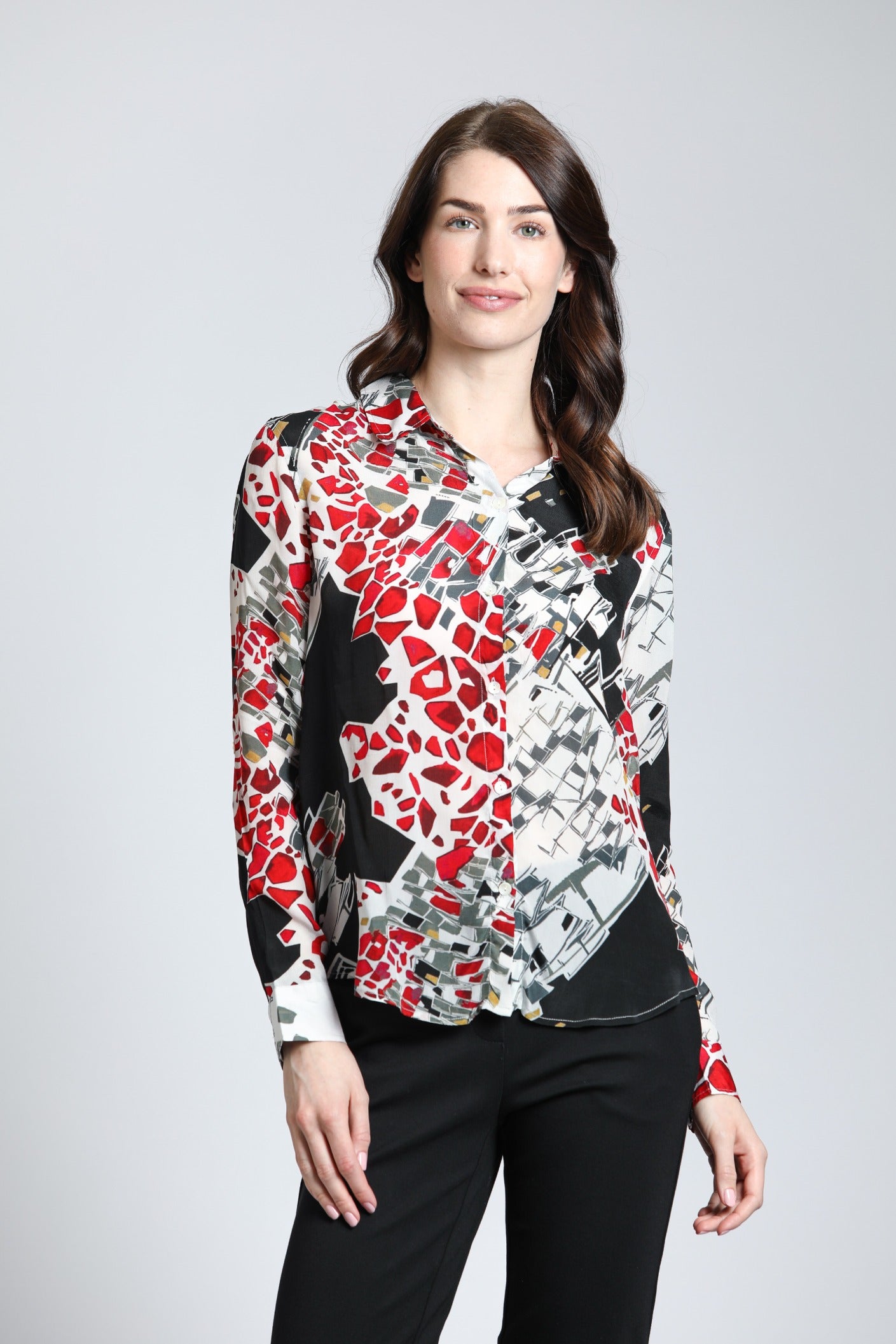 APNY Abstract Print Button Up Top With Roll Tab Sleeves-Tops-APNY-Deja Nu Boutique, Women's Fashion Boutique in Lampasas, Texas