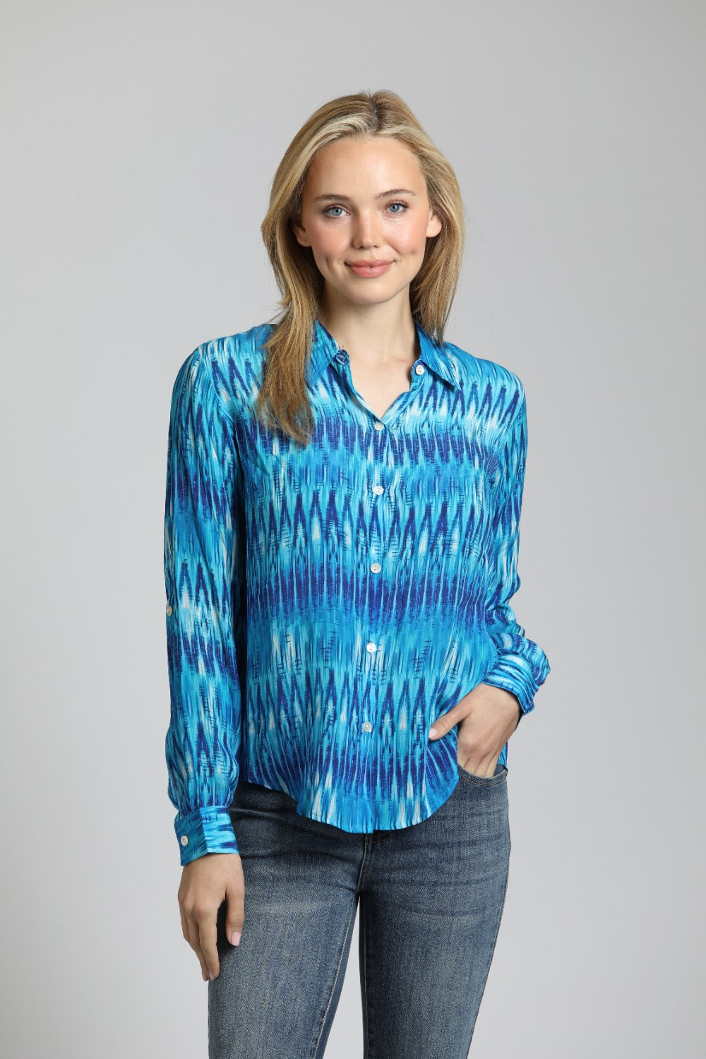 APNY Azure Ikat Stripe - Button-Up With Roll-Up Sleeve Blouse-shirts-APNY-Deja Nu Boutique, Women's Fashion Boutique in Lampasas, Texas